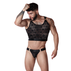 Gigo Illusion black lace crop top with a wide elastic band and metal hardware accents.