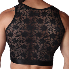 Gigo Illusion black lace crop top, sleeveless with a scoop neckline and a solid black hem band.