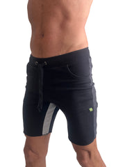 Black tri-color ultra-flex yoga track shorts with gray side panels and a drawstring waistband for athletic use