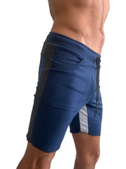 Navy blue tri-color ultra-flex yoga track shorts with black and silver accents, elastic waistband, and side drawstring