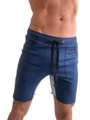 Blue tri-color ultra-flex yoga track shorts with ribbed waistband black drawstring and white side panels