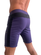 Purple tri-color ultra-flex yoga track shorts with black side panels and contrasting elastic waistband for athletic use