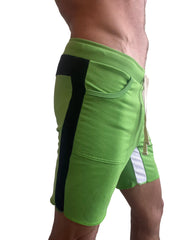 Bright green tri-color ultra-flex yoga track shorts with black and white side panels ribbed waistband and drawstring