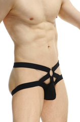 PetitQ jockstrap mhere black men’s underwear in black form-fitting fabric with strappy design and central ring detail