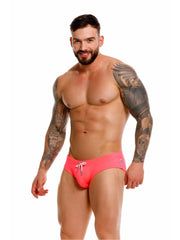 Vibrant pink jor 2387 travel swim briefs with white drawstring and subtle side brand logo for beachwear