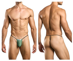 Justin simon classic g-string xsj02 in new green mesh with black elastic waistband and leg straps shown from the back