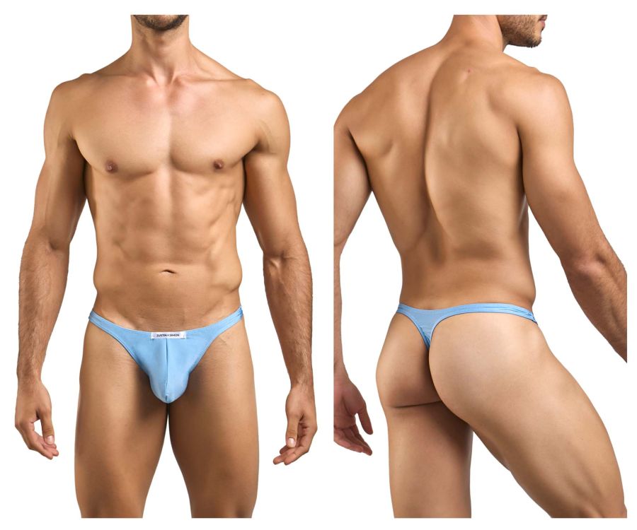 Light blue justin simon xsj03 classic thong underwear with form-fitting design and subtle front brand tag