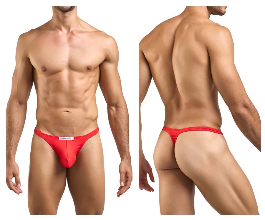 Justin simon xsj03 classic red thong with a white label at the front made of soft breathable fabric