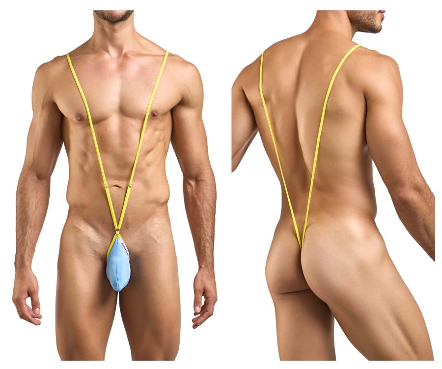 Yellow stringed men’s swimwear with a light blue front pouch in justin simon xsj04 sling color baby blue design