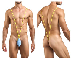 Yellow stringed men’s swimwear with a light blue front pouch in justin simon xsj04 sling color baby blue design