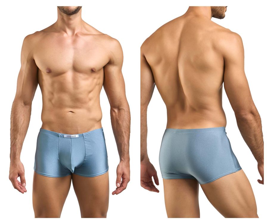 Light blue satin briefs with white brand tag at waistband from justin+simon xsj08 classic boxer metal green collection