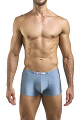 Light blue sleek-fitting mens boxer briefs with subtle sheen and metal green branded waistband by JUSTIN SIMON XSJ08