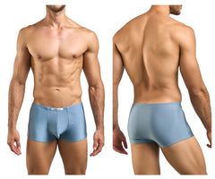 Light blue satin briefs with white brand tag at waistband from justin+simon xsj08 classic boxer metal green collection