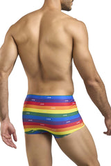 Rainbow-striped men’s briefs with repeating white jds logo from justin simon xsj08 classic boxer color pride flag collection