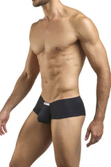 Black men’s peach and black cheeky bulge boxer briefs with contoured design and white label at waistband by Justin+Simon
