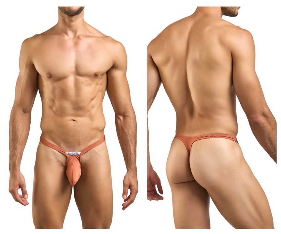 Justin simon xsjbu02 bulge thong in ochre with a peach-colored supportive pouch and small white front label