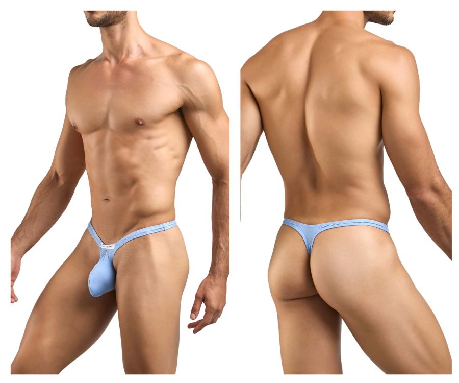Light blue form-fitting JUSTIN+SIMON XSJBU02 bulge thong made of smooth elastic fabric with supportive pouch design
