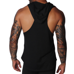 Black sleeveless hoodie t-shirt with a racerback cut, made from soft, plain jersey fabric.