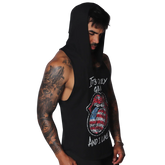 Black sleeveless hooded T-shirt with a distressed US flag-patterned lips graphic and white text.
