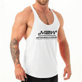 White gym tank top by MetroMaleWear featuring black m2w logo and metromusclewear strength respect durable text
