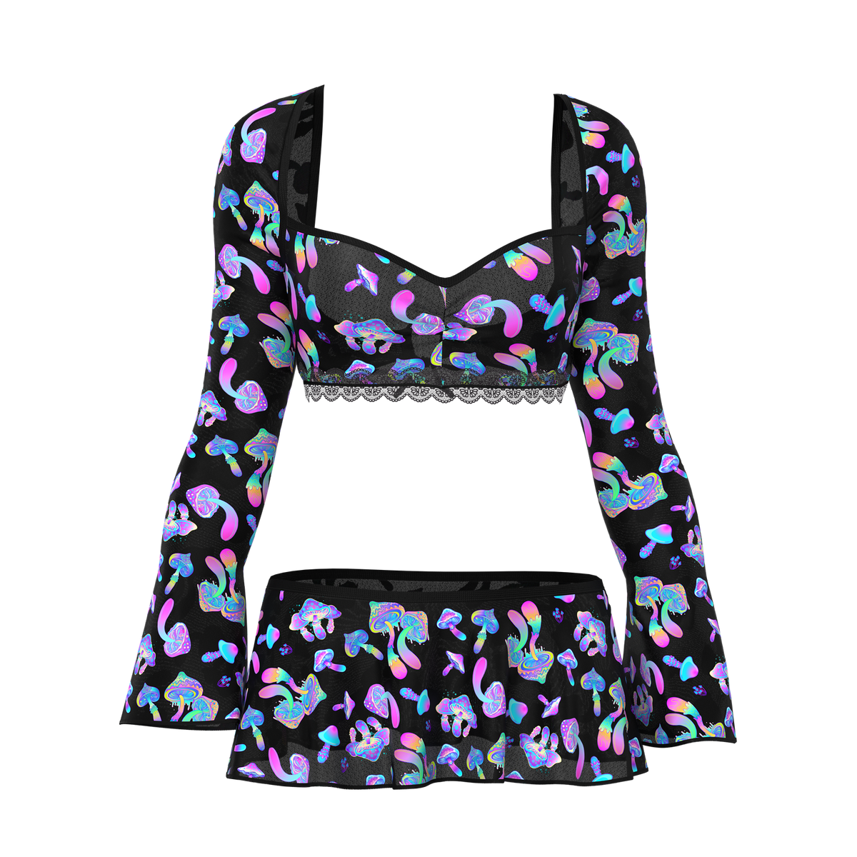 Ensemble haut court, jupe et string en soie magique