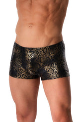 Torso of a man wearing MANstore Guywear black and gold snakeskin print micro swim trunks.