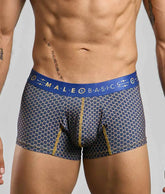New malebasics trunk hipster men’s boxer briefs in blue and gray honeycomb pattern with bold blue male basics waistband