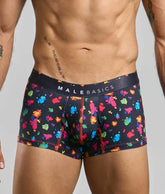 Malebasics trunk hipster black splash boxer briefs with vibrant multicolored paint splatter and red seam stitching