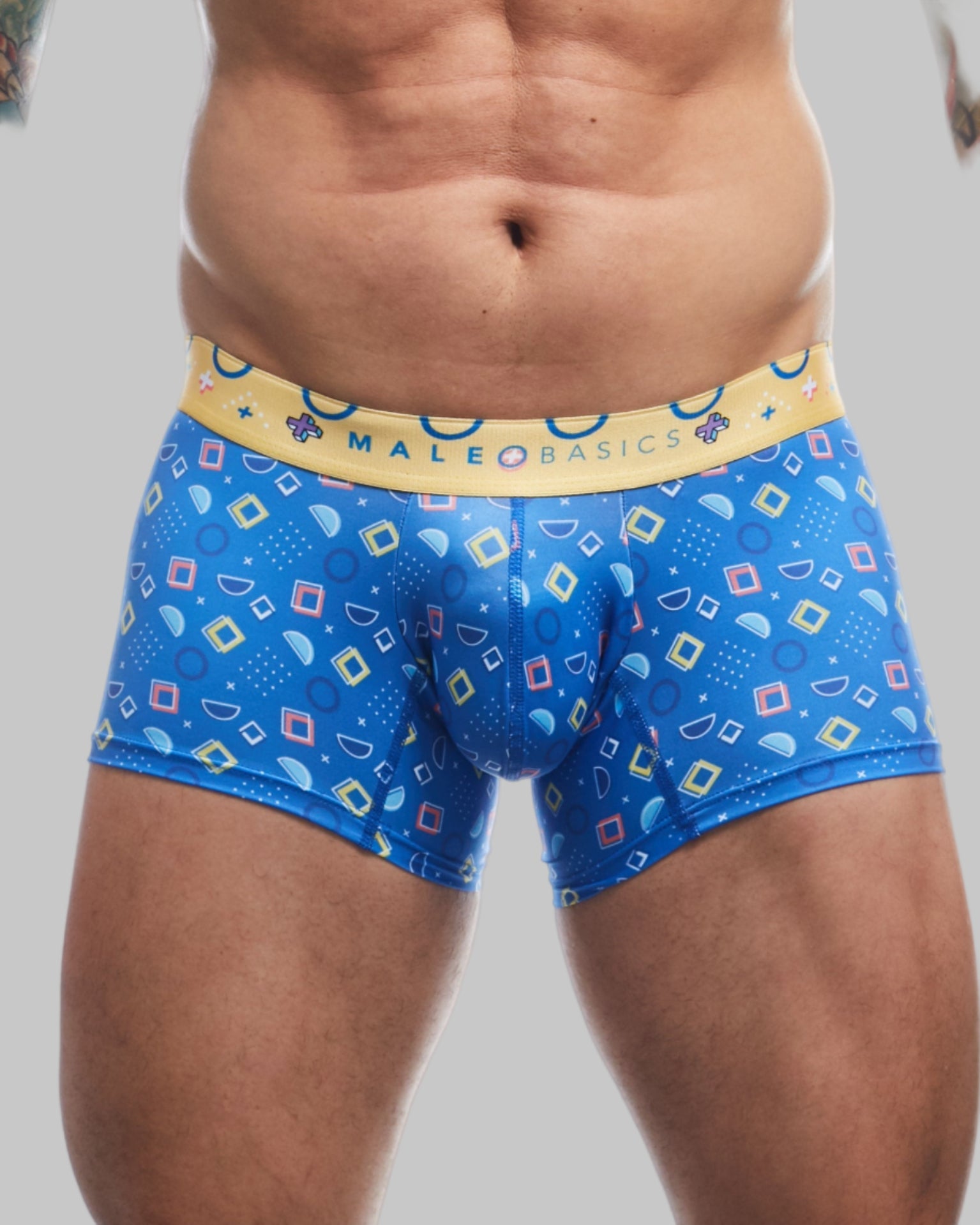 MaleBasics trunk hipster spectrum blue patterned men’s boxer briefs with yellow waistband and male basics branding