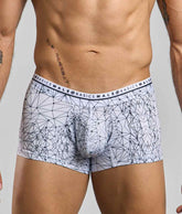 White malebasics trunk hipster boxer briefs with black geometric lines and branded basics male waistband