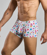 Malebasics trunk hipster white splash white boxer briefs with vibrant multicolored paint splatter pattern