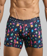 Malebasics boxer brief hipster black splash men’s navy blue boxer briefs with multicolored paint splatter and red stitching