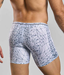 White boxer briefs with black geometric line pattern and basics male branding on waistband malebasics hipster boxer brief spider