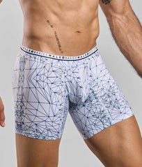 Malebasics new hipster boxer brief spider in white with dark blue geometric lines and basics male waistband branding