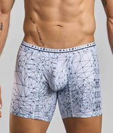 White boxer briefs with black geometric lines and basics male branding on the waistband from malebasics spider hipster collection