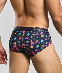 Black Malebasics New Hipster brief with vibrant multicolored paint splatter pattern and red stitching along the seams
