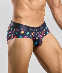 Malebasics new hipster brief black splash men’s briefs with vibrant multicolored paint splatter pattern and logo waistband
