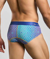 Malebasics hipster brief in blue and turquoise geometric pattern with gold trim designed for comfortable menswear