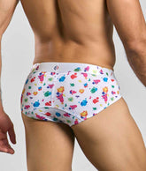 Malebasics new hipster brief white splash featuring white briefs with vibrant multicolored paint splatter pattern