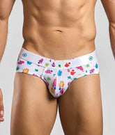 Malebasics new hipster brief white splash featuring white briefs with vibrant multicolored paint splatter and logo waistband