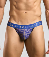 Malebasics hipster jockstrap briefs in blue and gold with geometric pattern designed for male basics comfort