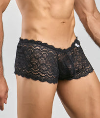 Black lace boxer short rose for men with intricate floral patterns and scalloped edges in a sheer design