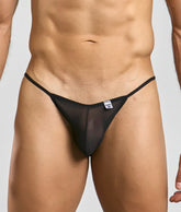 Mob men’s sheer bikini black sheer mesh thong with thin elastic waistband and small white brand tag visible