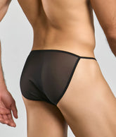 MOB men’s sheer bikini briefs in black sheer mesh with a sleek minimalist design
