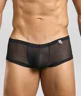 Mob mens sexy sheer hip brief black mesh briefs with solid waistband and trim front view