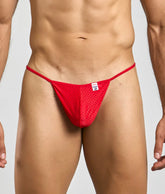 Mob men’s sexy microfiber g-string red mesh thong with a small white label on the front for minimal coverage
