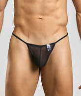 Black sheer mesh thong with thin elastic waistband shown from the back in mob men’s sheer t back thong style