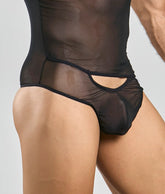 Black sheer mesh briefs with cutout design from MOB mens sexy all over sheer body collection