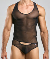 Mob men’s sexy all over sheer body black sheer mesh tank top with black trim and waistband cutout front view