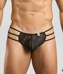 MOB men’s black lace pouch thong featuring three horizontal elastic straps for a stylish and supportive fit